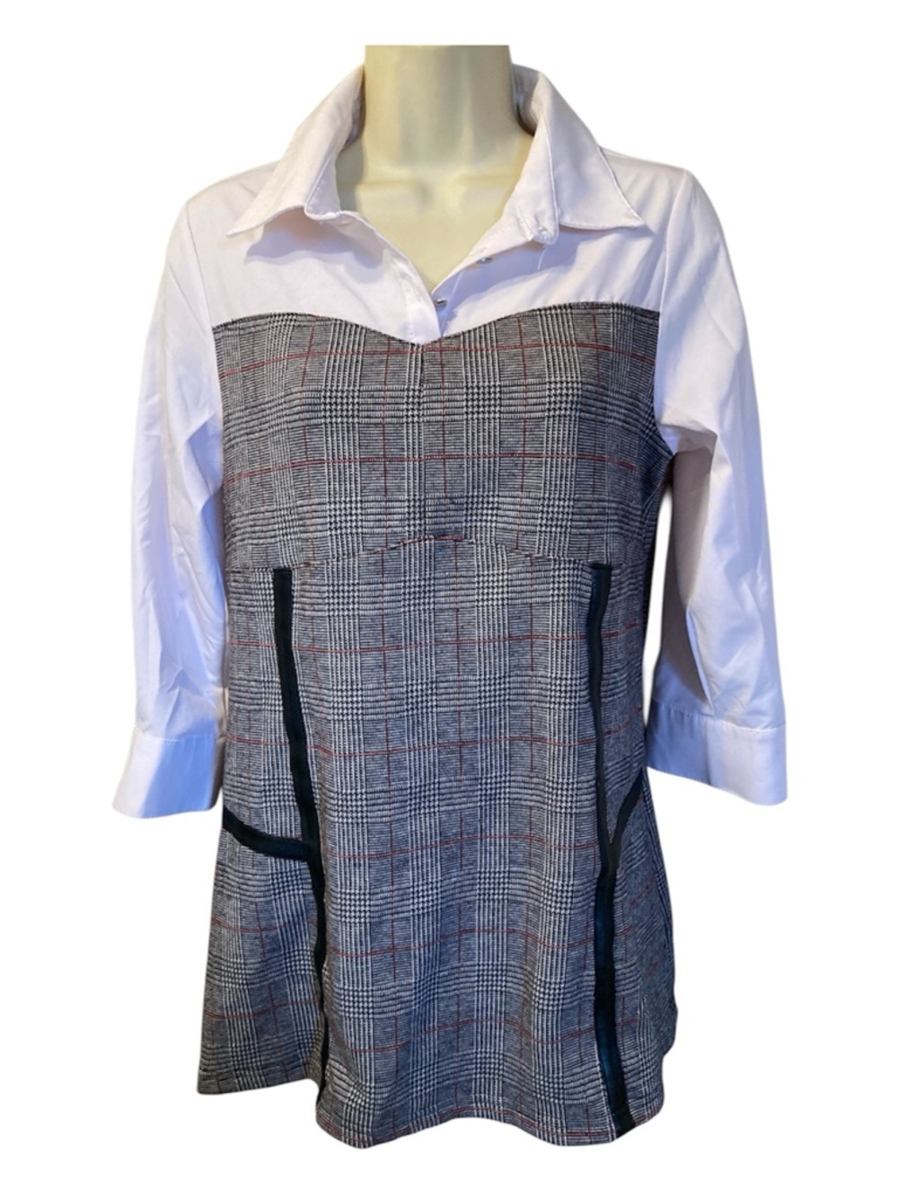 Women's Gray Plaid Tunic with White Collared Top